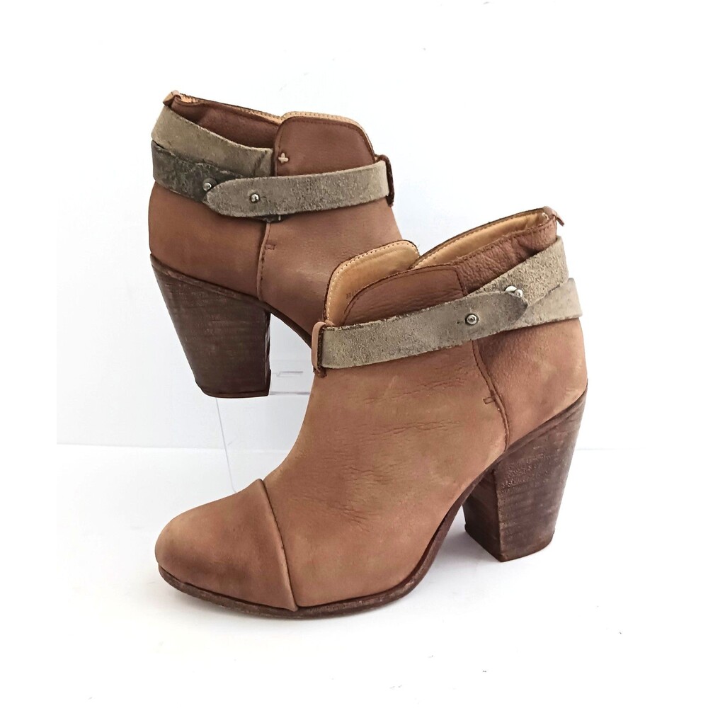 Rag & Bone Harrow Bootie Tan Nubuck Leather Stacked Wood Block Heel Sz 7